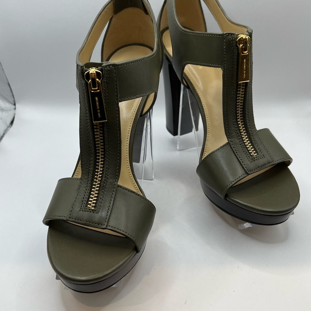 Michael Kors Olive Platform Heeled Sandals with Gold Zip